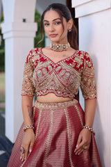 The Majestic Maroon Banarasi Silk Bridal Lehenga Ensemble with Jharokha Zardosi Blouse and Sheer Scalloped Veil