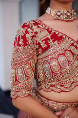 The Majestic Maroon Banarasi Silk Bridal Lehenga Ensemble with Jharokha Zardosi Blouse and Sheer Scalloped Veil