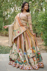 The Multi-Chromatic Tissue Silk Shikargah Lehenga with Chevron Hand-Embellished Choli