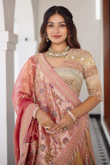 The Multi-Chromatic Panel Tissue Silk Lehenga with Embellished Embroidered Choli and Rose Paithani Border Dupatta