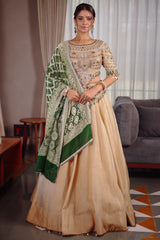 Golden Crush Tissue Lehenga with Heavily Embellished Jewel Stone Blouse with Bandhej Dupatta