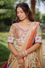 Golden Tissue Silk Traditional Shikargah Motifs Paithani Lehenga with Embellished Work