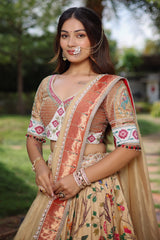 Golden Tissue Silk Traditional Shikargah Motifs Paithani Lehenga with Embellished Work