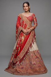 Cream Tissue Silk Paithani Wrave Lehenga with Embellished Bead Work and Bandhej Dupatta