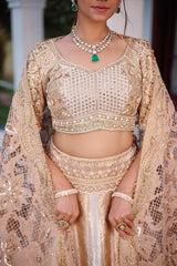 The Imperial Gold Jacquard Brocade Woven Silk Kalidar Lehenga Ensemble with Handcrafted Jewel Blouse and All-Over Cutwork Tissue Dupatta