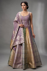 Multi-Tone Shaded Tissue Woven Lehenga Skirt with Lavender Hand-Embroidered Silk Corset Blouse