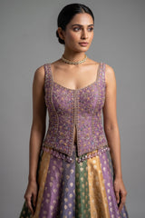 Multi-Tone Shaded Tissue Woven Lehenga Skirt with Lavender Hand-Embroidered Silk Corset Blouse