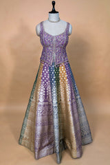 Multi-Tone Shaded Tissue Woven Lehenga Skirt with Lavender Hand-Embroidered Silk Corset Blouse