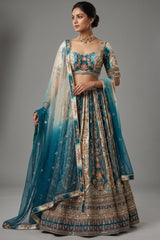 Cream and Rama Green Ombré Crepe Silk Hand-Embroidered Lehenga Set