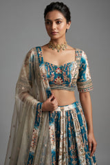 Cream and Rama Green Ombré Crepe Silk Hand-Embroidered Lehenga Set