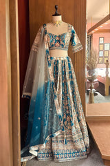Cream and Rama Green Ombré Crepe Silk Hand-Embroidered Lehenga Set