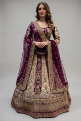 Cream and Wine Ombré Crepe Silk Hand-Embroidered Lehenga Set