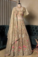 Metallic Beige Tissue Hand-Embroidered Cutdana and Sequin Lehenga Set