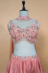 Dusty Rose Chinon Crepe Silk Crush Lehenga with Encrusted Cutdana Bustier Choli
