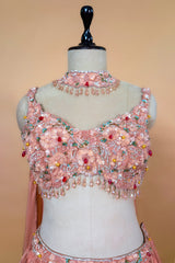 Dusty Rose Chinon Crepe Silk Crush Lehenga with Encrusted Cutdana Bustier Choli