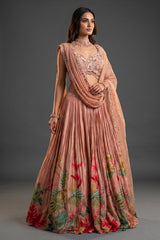 Dusty Rose Chinon Crepe Silk Crush Lehenga with Encrusted Cutdana Bustier Choli