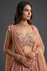 Dusty Rose Chinon Crepe Silk Crush Lehenga with Encrusted Cutdana Bustier Choli