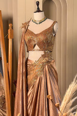 Rose Gold Chinon Crepe Silk Lehenga Skirt with Concept Cutdana Cut-Out Blouse