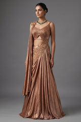 Rose Gold Chinon Crepe Silk Lehenga Skirt with Concept Cutdana Cut-Out Blouse
