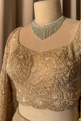 Nude Beige Satin Silk Flared Lehenga with Intricate Geometric Sequin Blouse and Lattice Dupatta