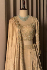 Nude Beige Satin Silk Flared Lehenga with Intricate Geometric Sequin Blouse and Lattice Dupatta