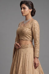 Nude Beige Satin Silk Flared Lehenga with Intricate Geometric Sequin Blouse and Lattice Dupatta