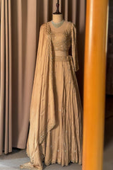 Nude Beige Satin Silk Flared Lehenga with Intricate Geometric Sequin Blouse and Lattice Dupatta