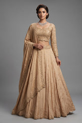 Nude Beige Satin Silk Flared Lehenga with Intricate Geometric Sequin Blouse and Lattice Dupatta