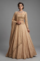 Nude Beige Satin Silk Flared Lehenga with Intricate Geometric Sequin Blouse and Lattice Dupatta