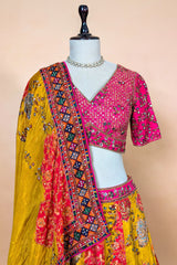 Mustard Yellow and Fuchsia Multi-Calidaar Printed Lehenga with Encrusted Cutdana Mirror Work Choli