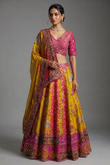 Mustard Yellow and Fuchsia Multi-Calidaar Printed Lehenga with Encrusted Cutdana Mirror Work Choli