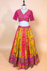 Mustard Yellow and Fuchsia Multi-Calidaar Printed Lehenga with Encrusted Cutdana Mirror Work Choli