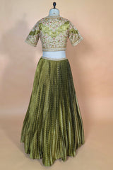 Moss Green Banarasi Silk Accordion-Pleated Lehenga Skirt with Encrusted Dabka-Zardosi Blouse