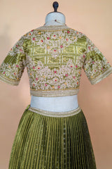 Moss Green Banarasi Silk Accordion-Pleated Lehenga Skirt with Encrusted Dabka-Zardosi Blouse