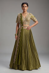 Moss Green Banarasi Silk Accordion-Pleated Lehenga Skirt with Encrusted Dabka-Zardosi Blouse