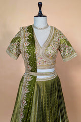 Moss Green Banarasi Silk Accordion-Pleated Lehenga Skirt with Encrusted Dabka-Zardosi Blouse