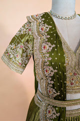 Moss Green Banarasi Silk Accordion-Pleated Lehenga Skirt with Encrusted Dabka-Zardosi Blouse