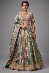 Mint Green Tissue Zari Woven Flared Lehenga with Multi-Textured Lace and Pearl Bustier