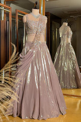 Metallic Dusty Rose Glass Tissue Flared Lehenga Skirt with Encrusted Cutdana Drape Blouse