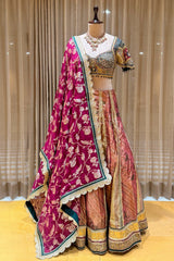 Multi-Paneled Digital Floral Tissue Lehenga with Emerald Green Sequin Bustier