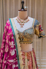 Multi-Paneled Digital Floral Tissue Lehenga with Emerald Green Sequin Bustier