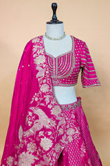 Rani Pink Banarasi Silk Woven Lehenga Set with Hand-Crafted Kundan & Zardosi Blouse