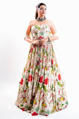Ivory Floral Printed Crepe Lehenga with Structured Strapless Corset Bustier