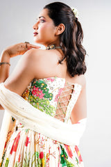 Ivory Floral Printed Crepe Lehenga with Structured Strapless Corset Bustier