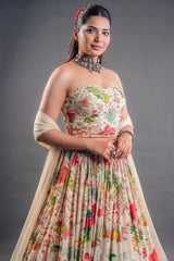 Ivory Floral Printed Crepe Lehenga with Structured Strapless Corset Bustier