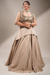 Metallic Taupe Fusion Lehenga Set featuring Cutdana Bodice and Sheer Embroidered Cape
