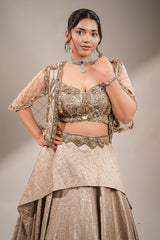 Metallic Taupe Fusion Lehenga Set featuring Cutdana Bodice and Sheer Embroidered Cape