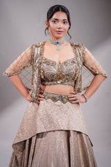 Metallic Taupe Fusion Lehenga Set featuring Cutdana Bodice and Sheer Embroidered Cape