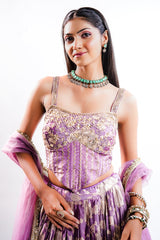 Lavender Purple Tissue Silk Lehenga featuring Cutdana Embroidered Corset Blouse