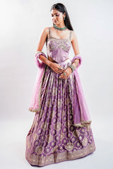 Lavender Purple Tissue Silk Lehenga featuring Cutdana Embroidered Corset Blouse